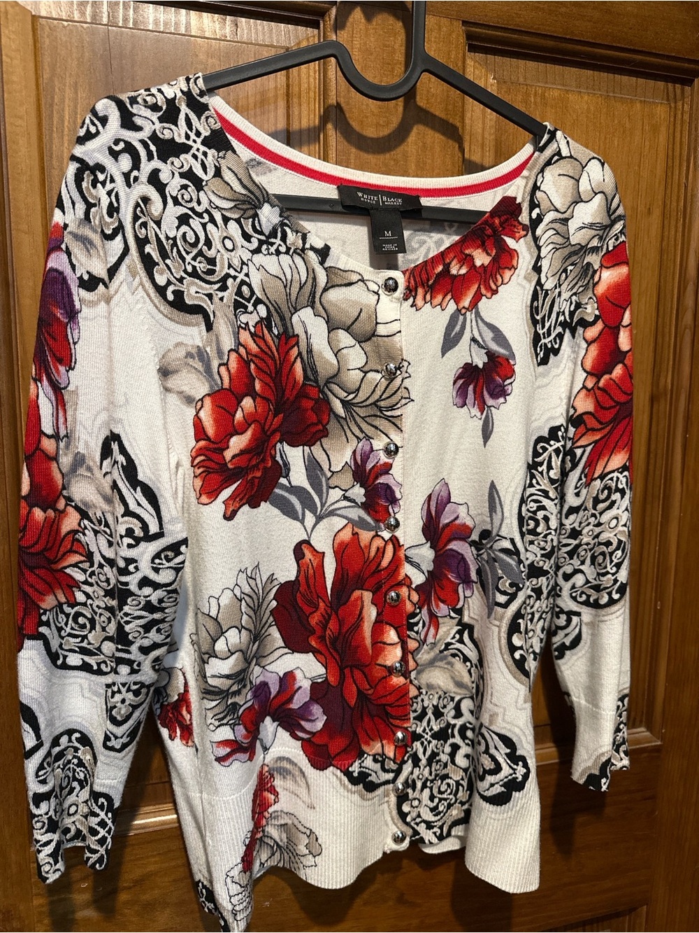 White House Black Market Red, Purple & Black Floral Button-Front Sweater, Size M